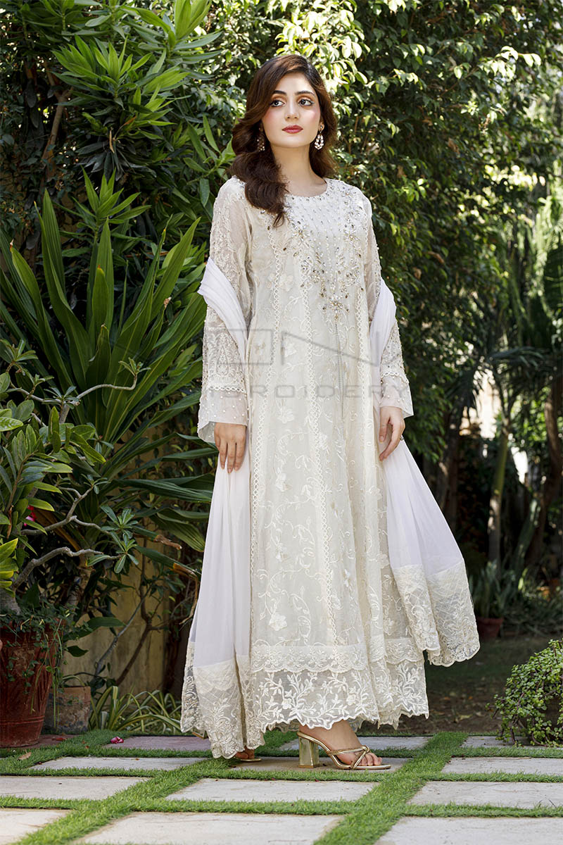 embroidery designs on white dress Off-white flex cotton dress with floral embroidery and crochet lace detailing on yoke and sleeves MBS-R234 xl