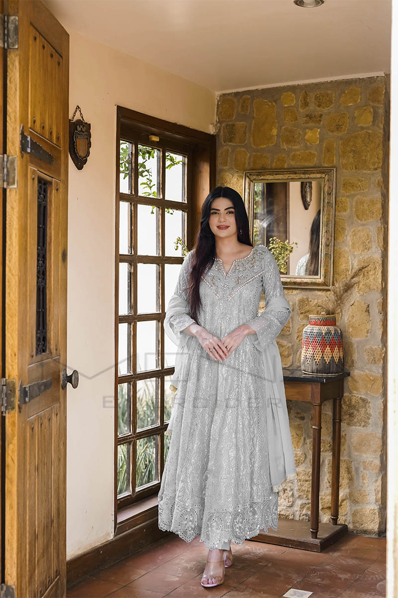 Mona Embroidery Luxury Pret Embroidered Chiffon 3 Piece Suit Embellish Azure-Zinc-Blue