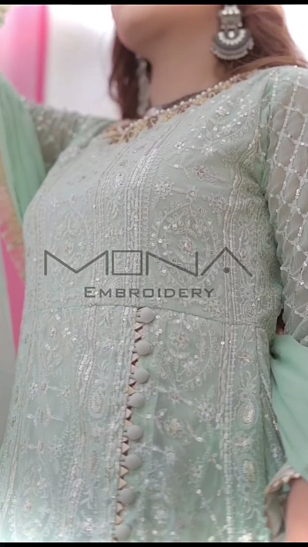 slim fit dress slacks BAROQUE- MINT-GREEN – Mona Embroidery main image 1